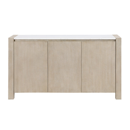 Vanilla Farmhouse Storage Buffet with Marble Top in Beige and Light Natural, Solid Wood and MDF Construction, 65.75 x 18 x 36 inches