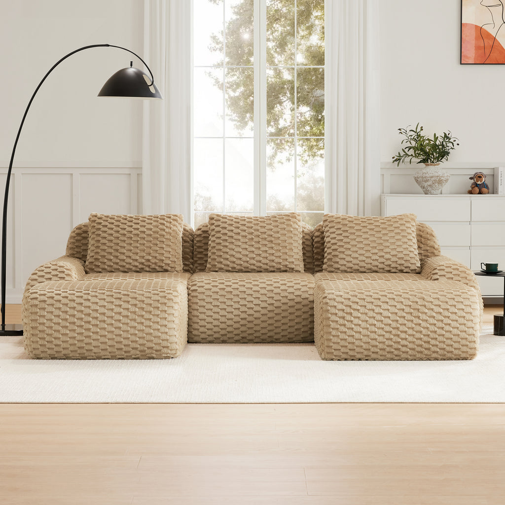 Front view of modern modular U-shaped sofa with flannelette fabric, featuring three seats and plush cushions for ergonomic comfort.