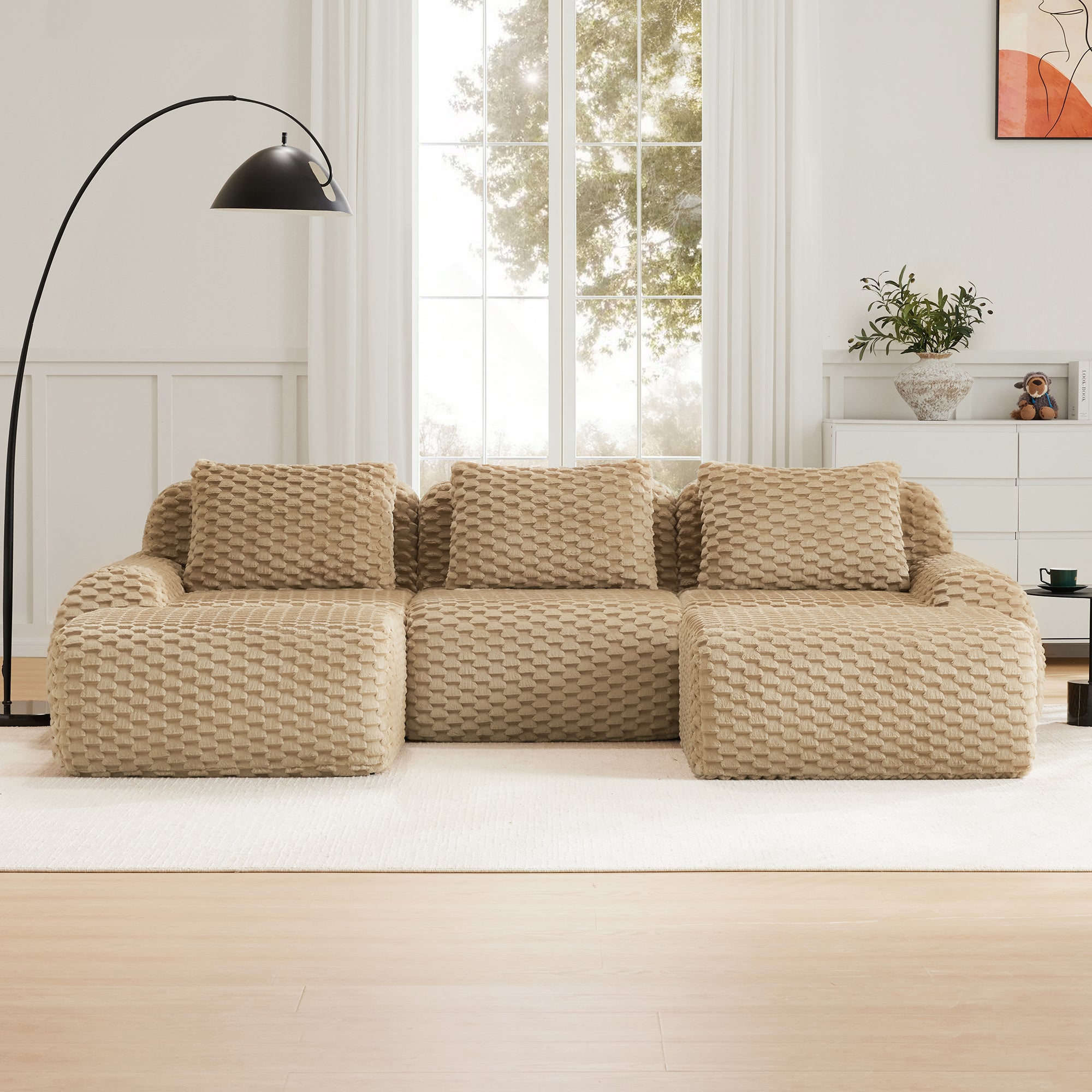 Front view of modern modular U-shaped sofa with flannelette fabric, featuring three seats and plush cushions for ergonomic comfort.
