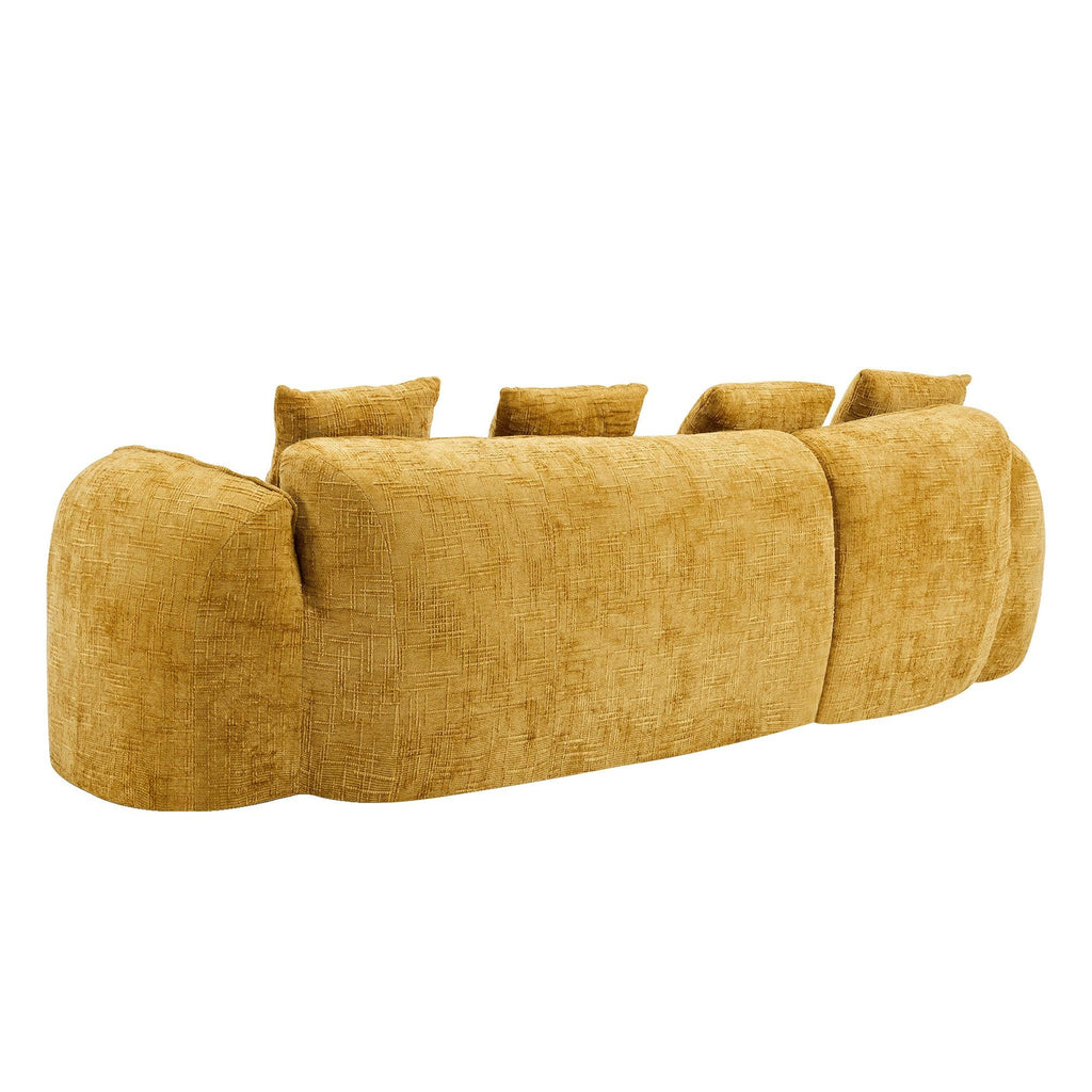 Rear angled view of yellow chenille L-shaped sofa, highlighting its plush backrest and contemporary rounded design.