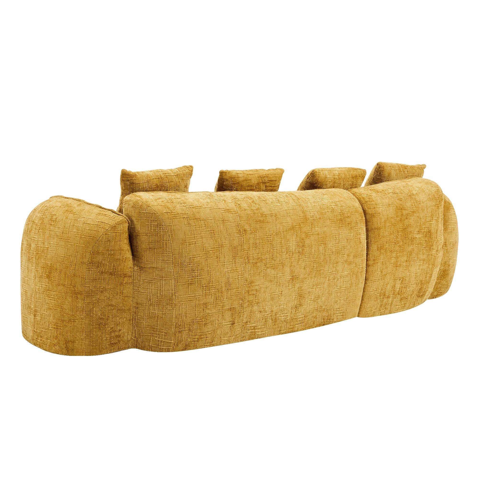 Rear angled view of yellow chenille L-shaped sofa, highlighting its plush backrest and contemporary rounded design.