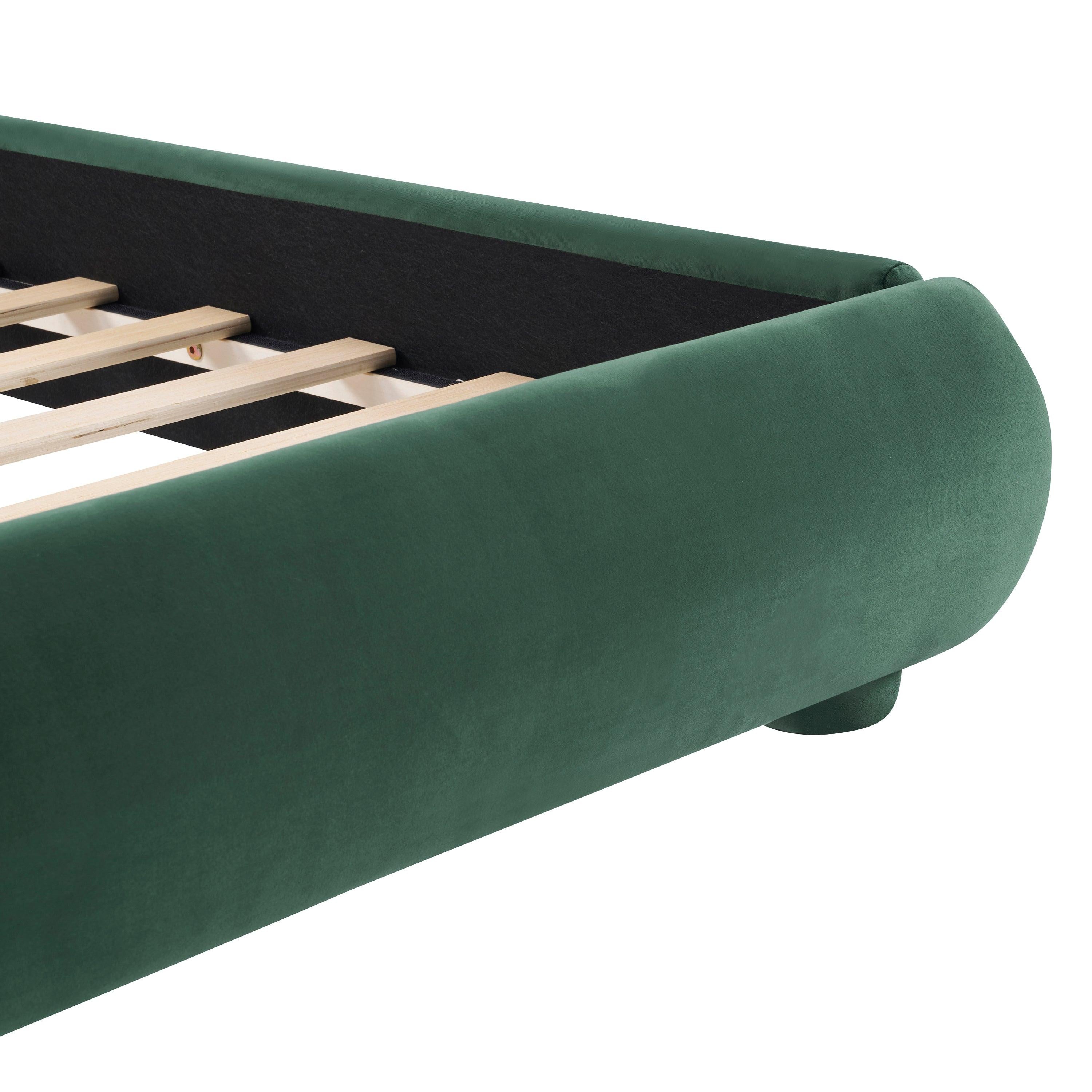 King Size Dark Green Velvet Bed with Curved Headboard.