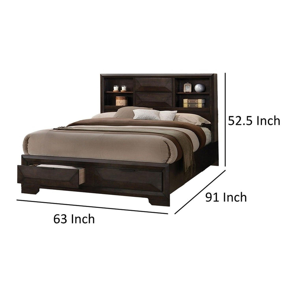 Queen Size Bed with Bookcase Headboard and Storage.