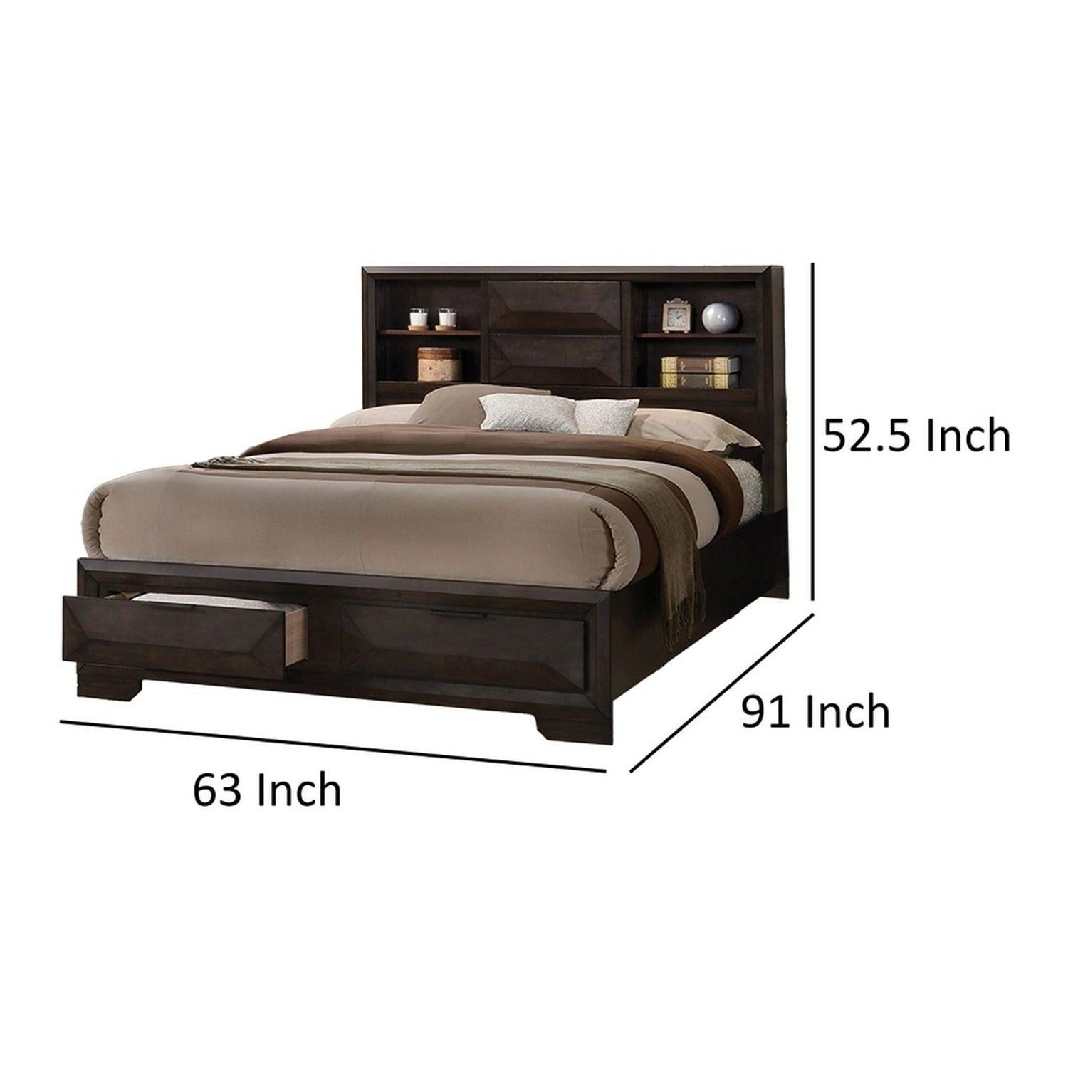 Queen Size Bed with Bookcase Headboard and Storage.