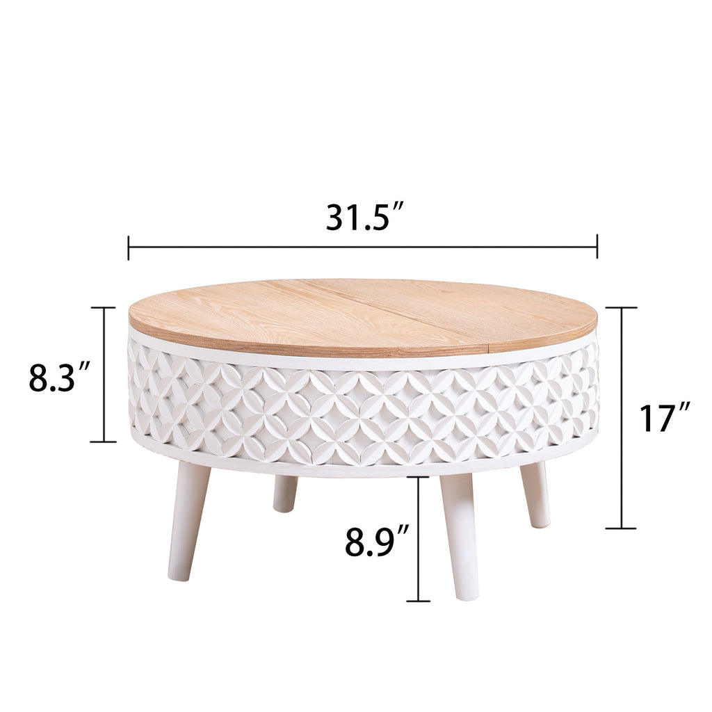 Dimensions of 31.5-inch round coffee table with 17-inch height, white carved base and natural wood top for modern farmhouse decor.