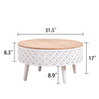 Dimensions of 31.5-inch round coffee table with 17-inch height, white carved base and natural wood top for modern farmhouse decor.