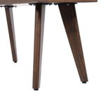 Close-up of Capri bench legs in dark brown red oak. Tapered design adds elegance to dining or entryway seating.