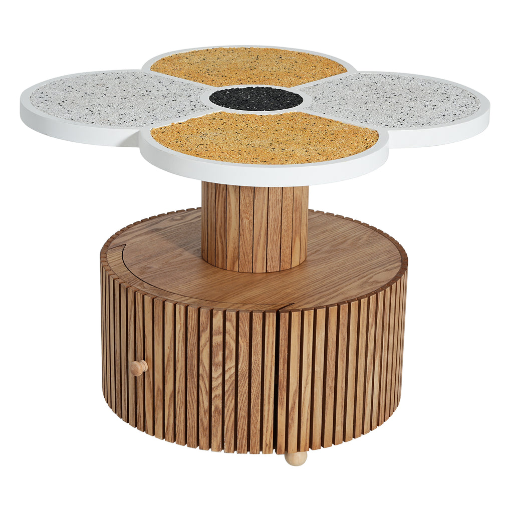 Unique clover-shaped side table with terrazzo top and vertical slatted wood-grain base, ideal for modern home decor.