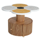 Unique clover-shaped side table with terrazzo top and vertical slatted wood-grain base, ideal for modern home decor.