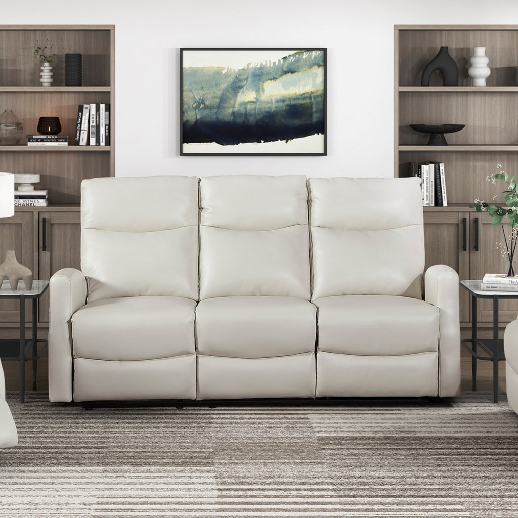 71-Inch Contemporary Beige Faux Leather Double Reclining Sofa