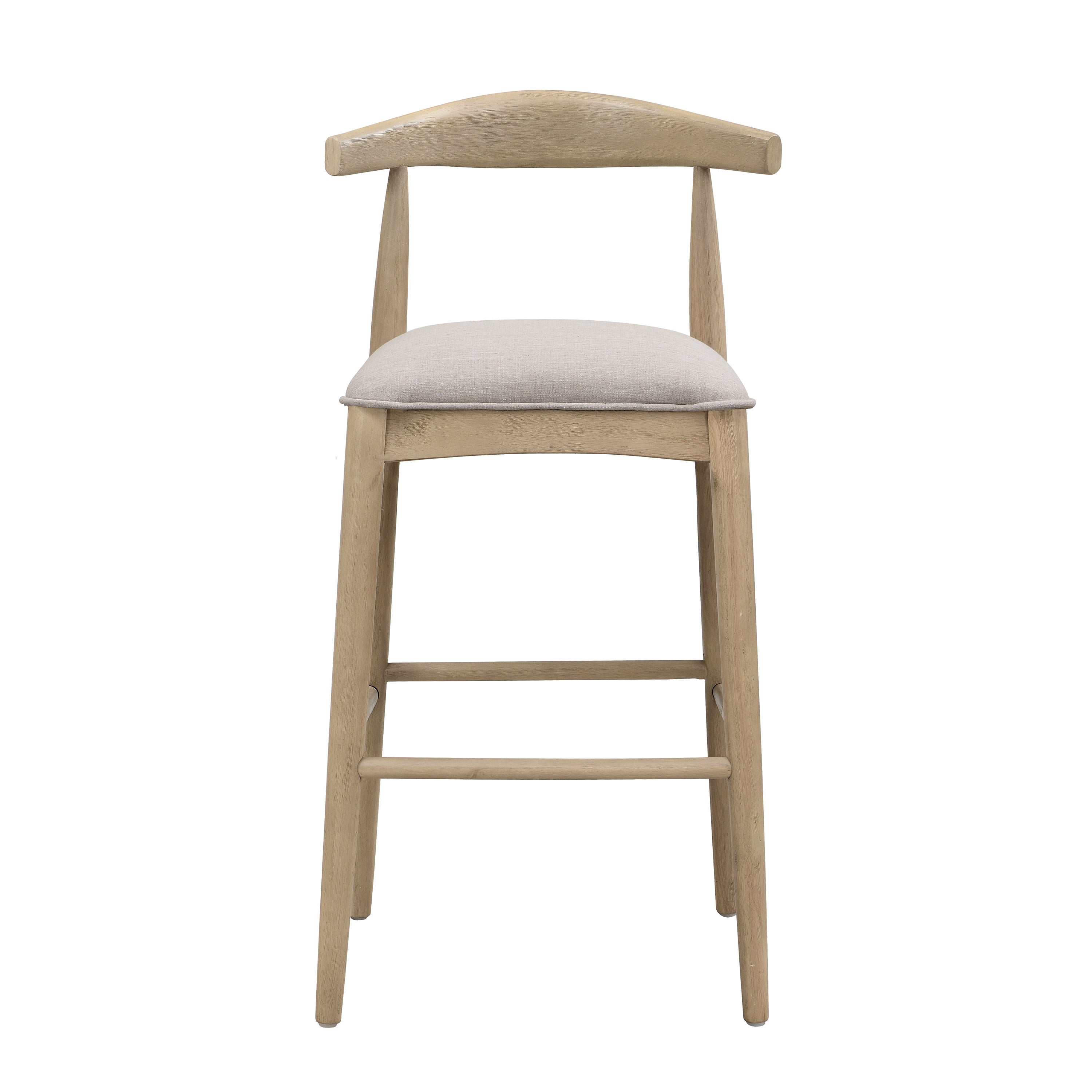 Front view of Stylish Pebble Fabric Bar Stool with grey upholstered seat and natural rubberwood legs, ideal for contemporary interiors.