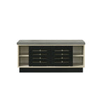 Modern oak shoe cabinet with dual sliding doors and upholstered seating top, revealing adjustable interior shelving for shoes.