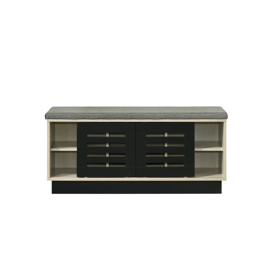 Modern oak shoe cabinet with dual sliding doors and upholstered seating top, revealing adjustable interior shelving for shoes.