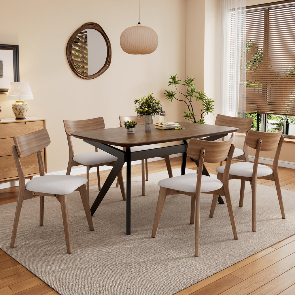 7-Piece Upholstered Dining Set with Rubberwood Frame in Walnut