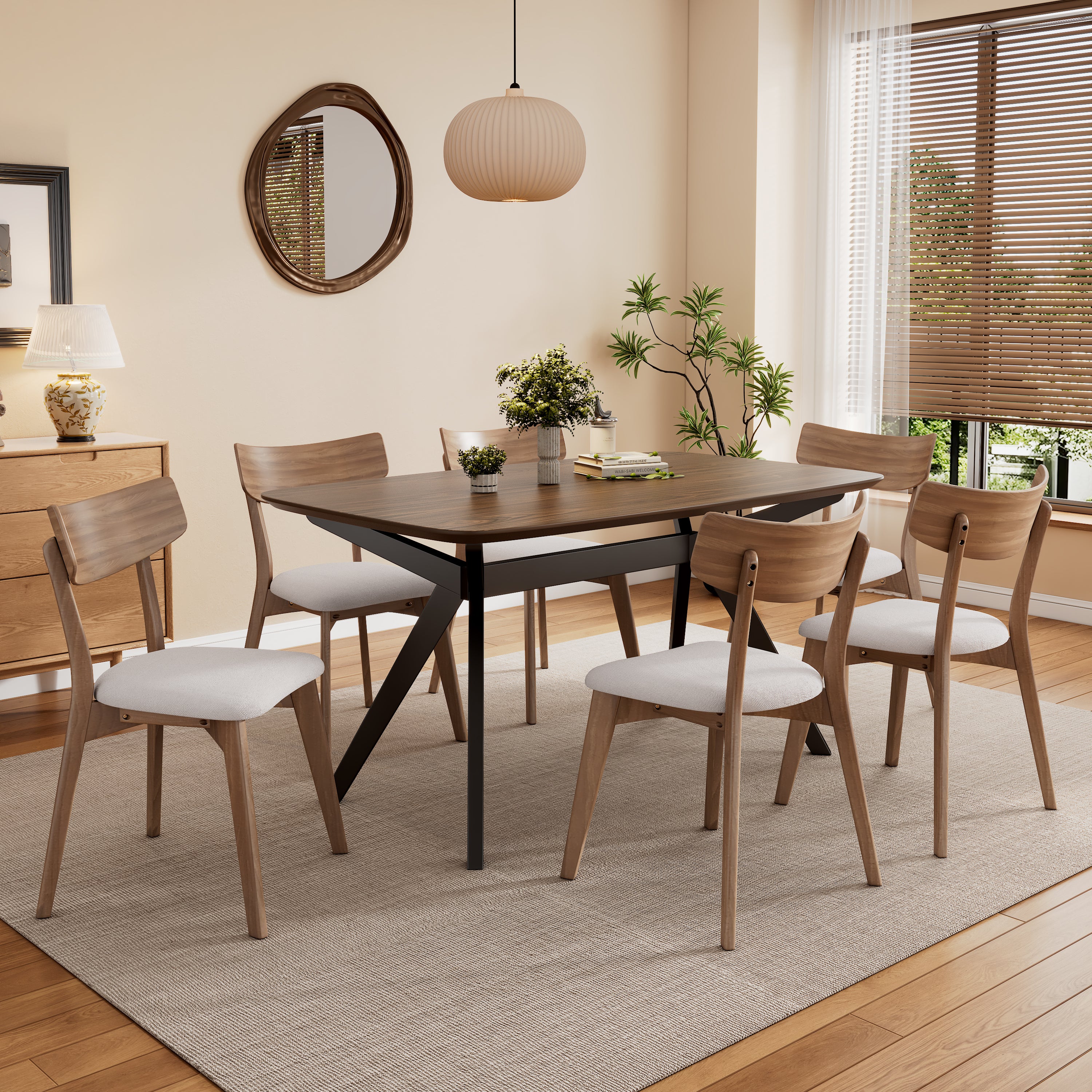 7-Piece Upholstered Dining Set with Rubberwood Frame in Walnut