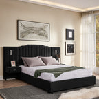 Velvet queen size bed frame with elegant headboard and integrated nightstands, offering a sleek and functional bedroom centerpiece.