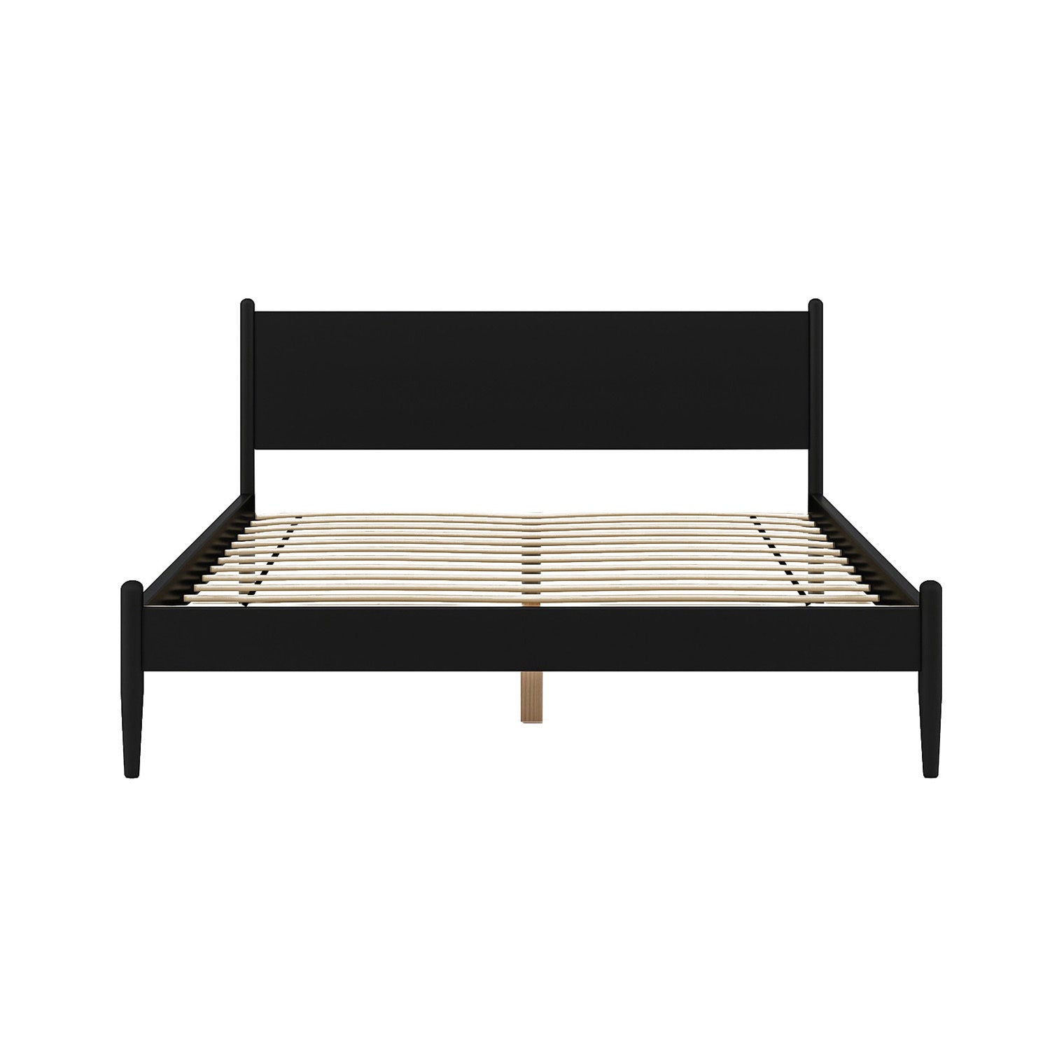 Front view of Black Mid-Century King Platform Bed showing solid wood slats and minimalist design for modern bedroom setups.