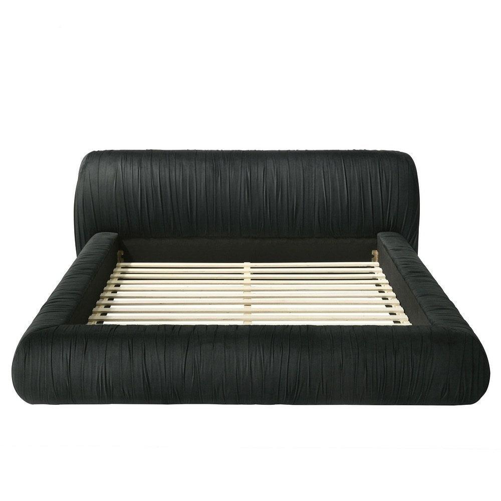 Black Upholstered King Size Bed with Pleated Design.