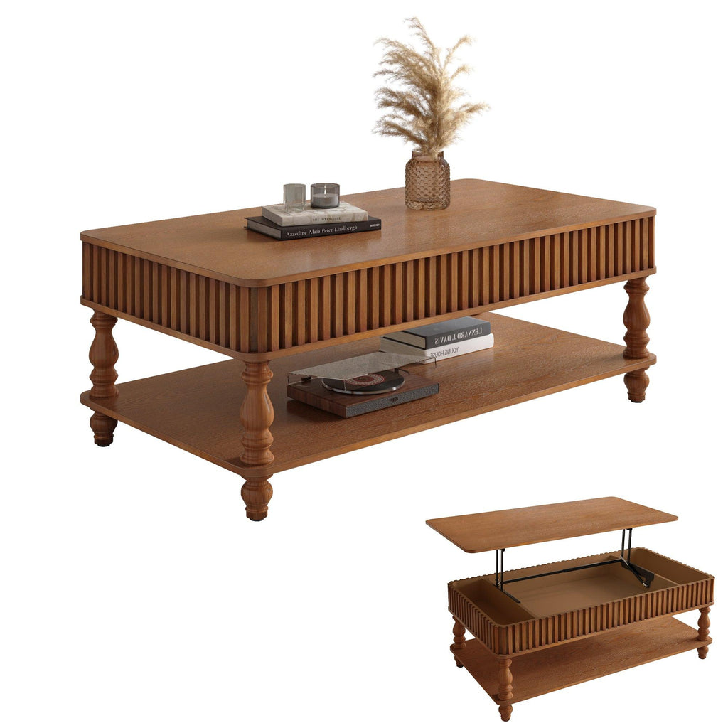 Vintage Brown Lift Top Coffee Table shown in both closed and open positions, highlighting dual storage and elegant solid wood craftsmanship.