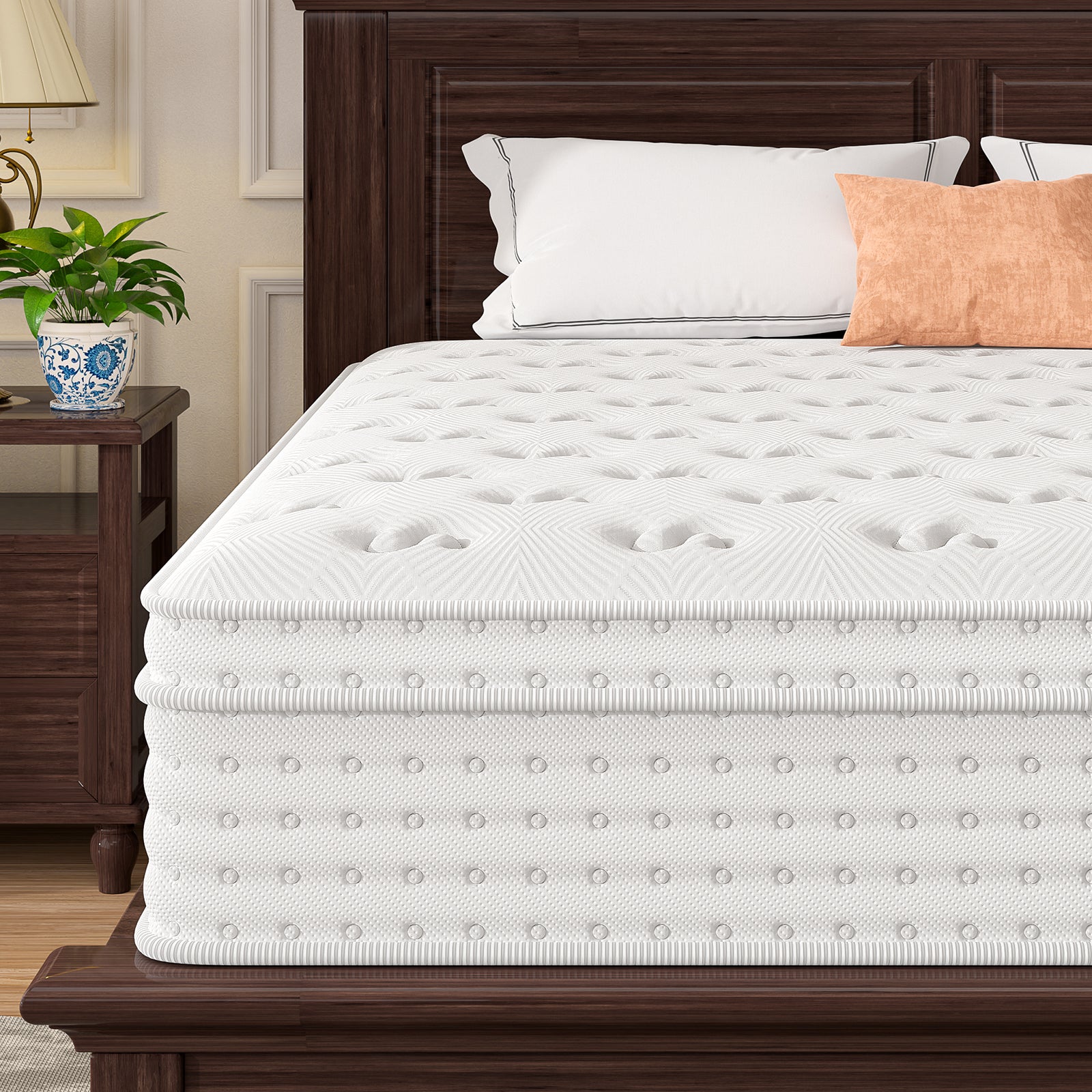 Close-up of 12'' King Hybrid Mattress showing memory foam layers and pocket spring design for ergonomic support and comfort.
