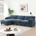 Modular sofa with charger in blue fabric featuring wide seating, USB ports, and phone holder, ideal for modern living room comfort.