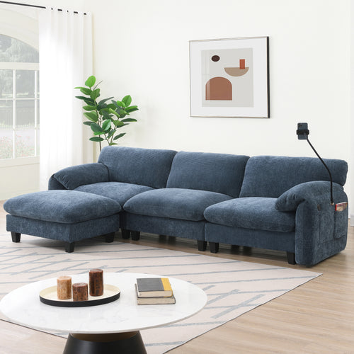 Modular sofa with charger in blue fabric featuring wide seating, USB ports, and phone holder, ideal for modern living room comfort.