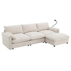 Angled view of beige L-shaped sectional sofa with USB charger, phone holder, and storage ottoman for multifunctional home seating.