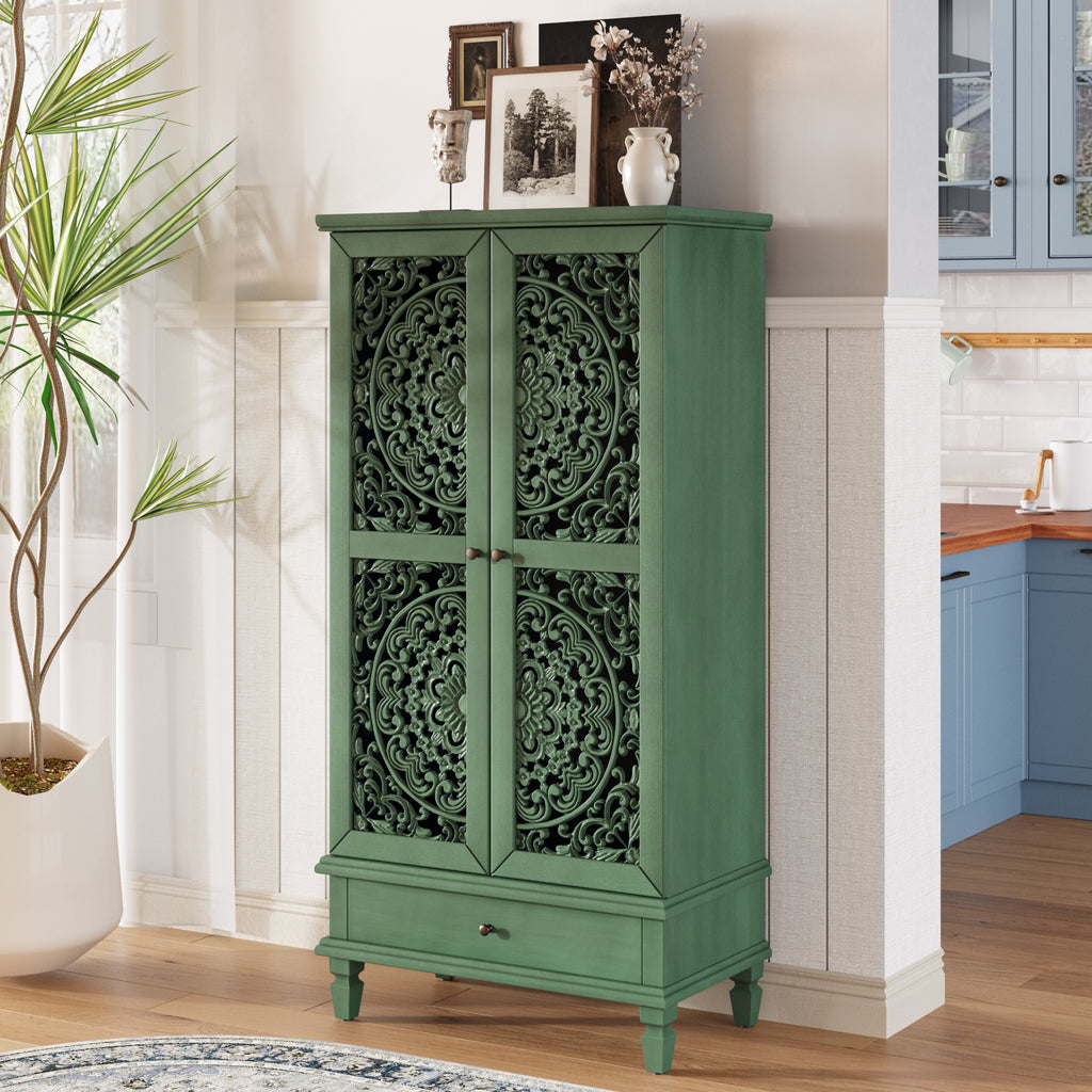 Antique Green Storage Cabinet - 55'' Tall w/ Drawer in a kitchen corner, blending vintage charm with modern decor.