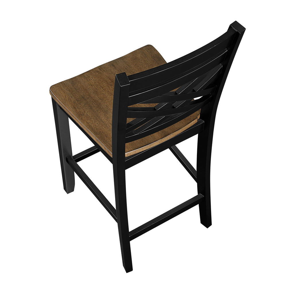Angled top view of counter height dining chair showing wood seat and black crisscross backrest, part of 5pc dining set.