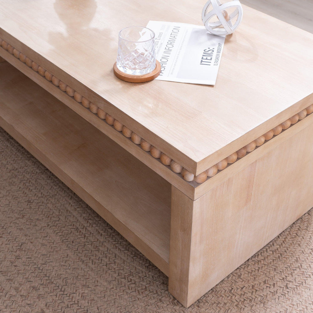 Modern Wood Coffee Table with Beaded Trim – 47 Rectangular Coffee Table with Open Storage Shelf, Light Natural Finish – Farmhouse & Coastal Living Room Furniture.