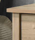 Top corner detail of Light Oak Nightstand with Drawer - Celeste 20' showcasing smooth edges and wood texture. Quality craftsmanship for home use.