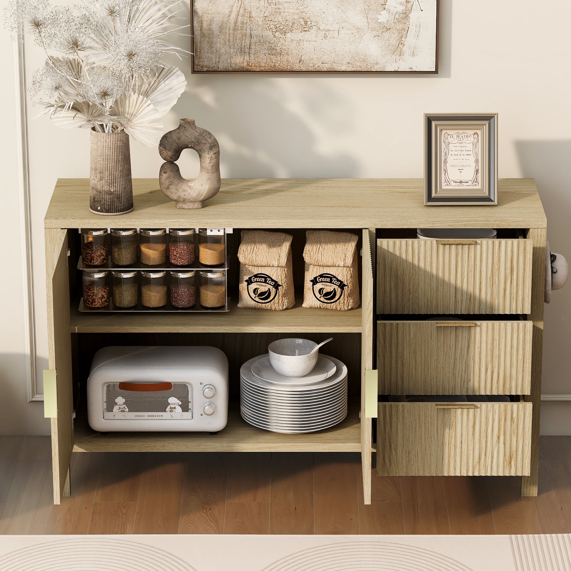 Modern sideboard cabinet open to reveal interior storage with shelves and drawers, perfect for kitchen or dining room use.