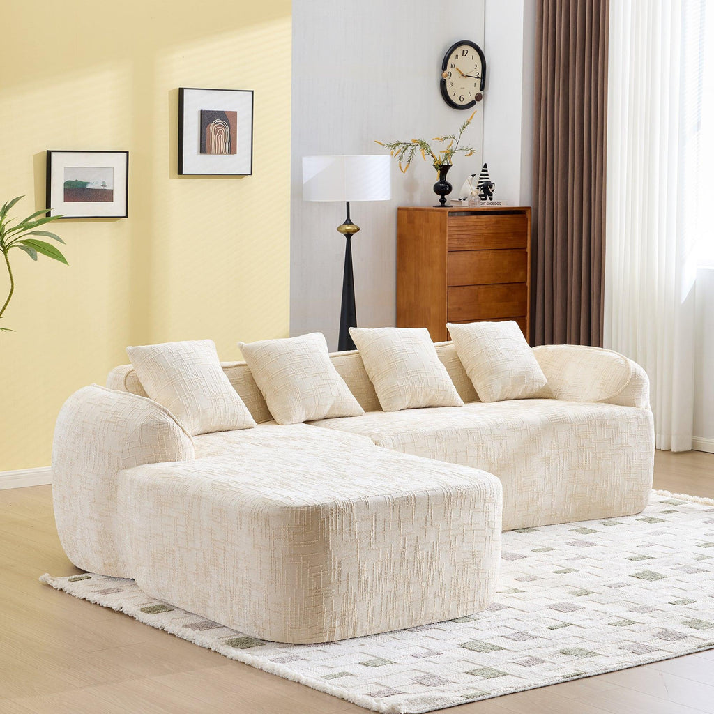Comfortable Beige Chenille L-Shaped Sofa with Pillows.