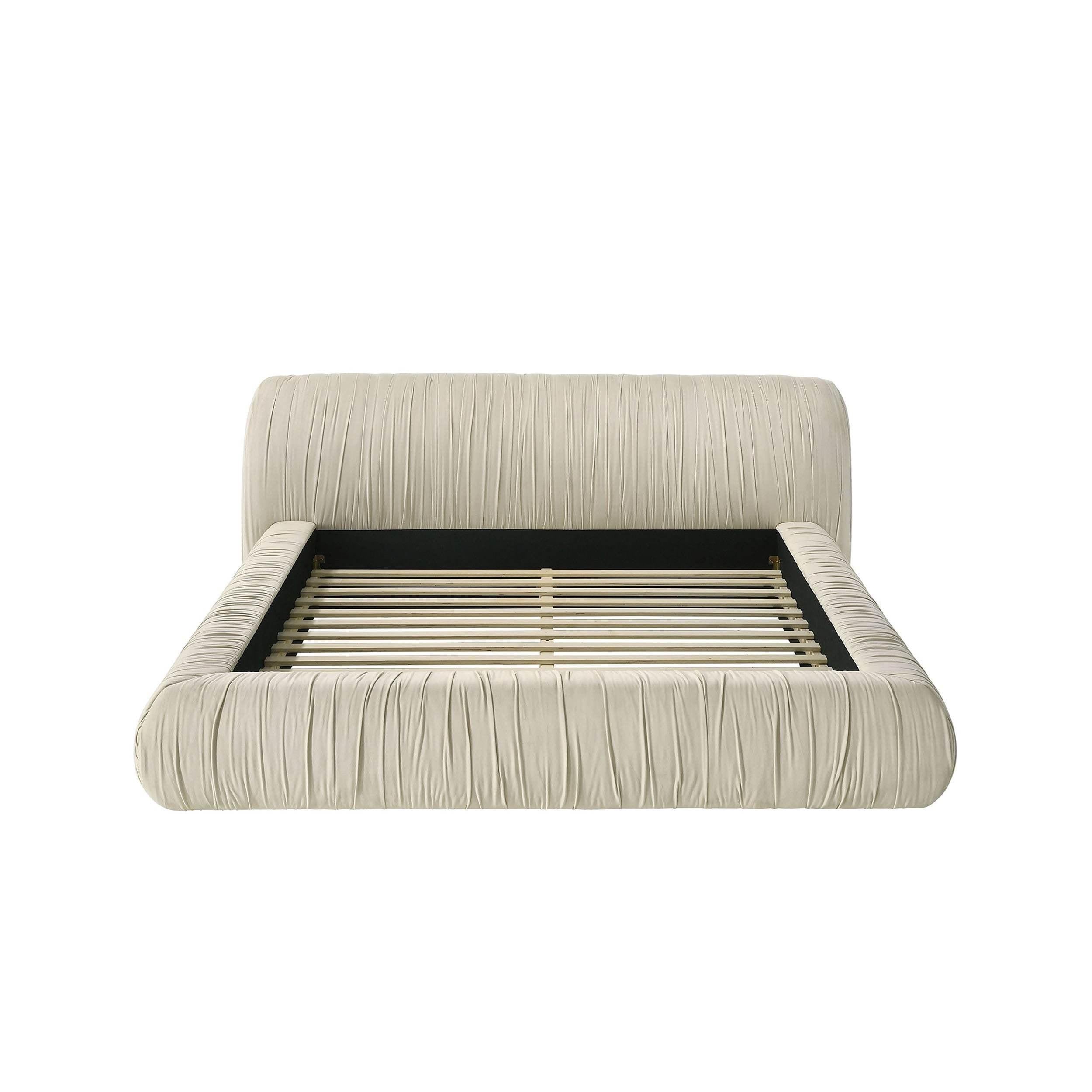 Ivory Pleated Upholstered Queen Size Bed for Bedrooms.