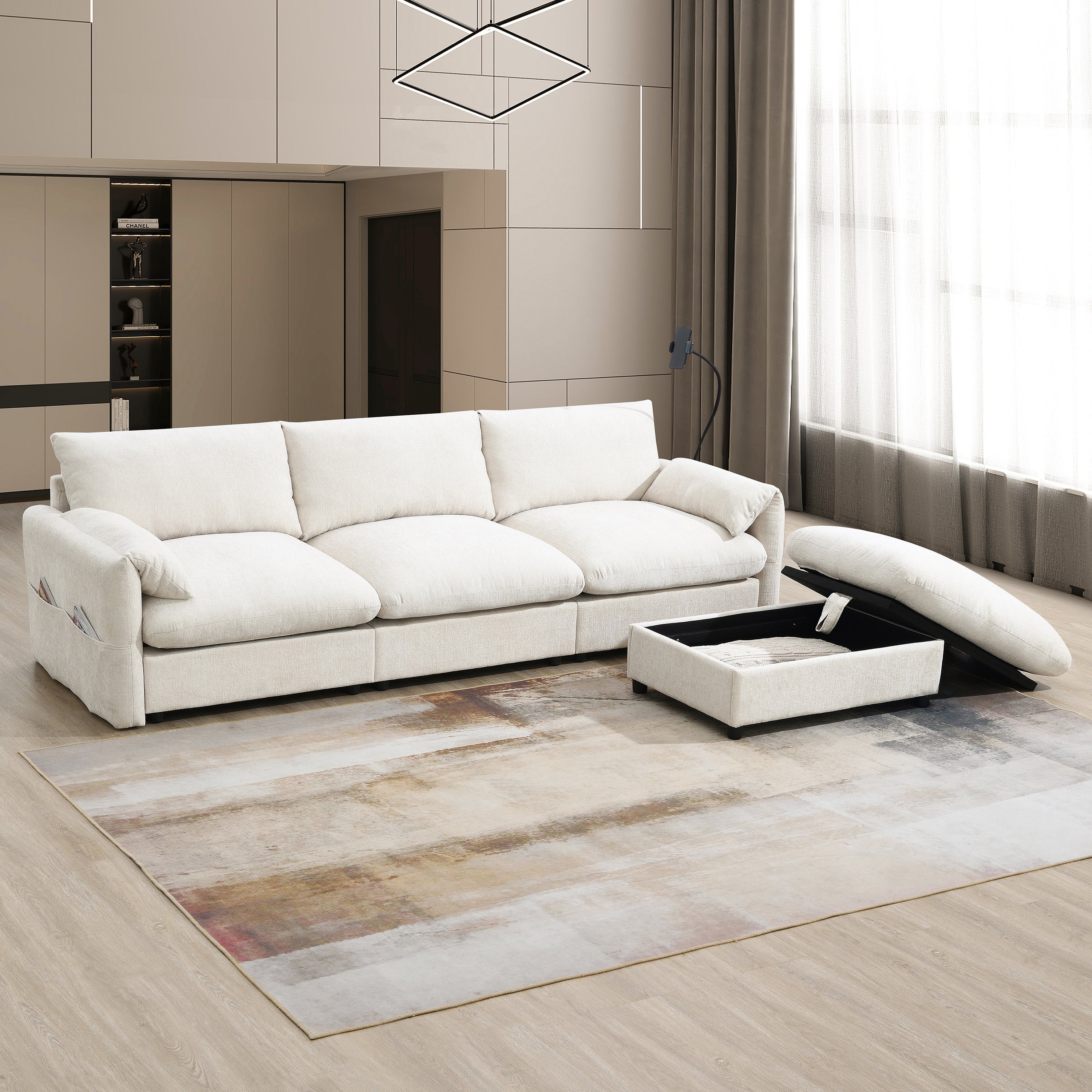 L-shaped sectional sofa with movable storage ottoman and USB charger, ideal for organizing living room essentials in a compact space.