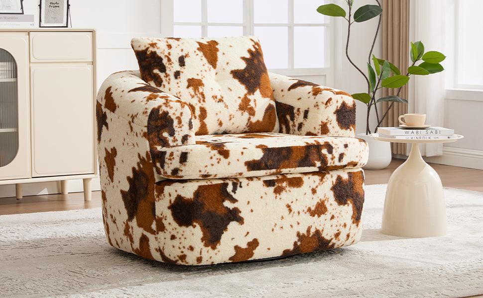Modern 360° Swivel Accent Barrel Chair with Dual-Layer Cushion in Beige & Brown Faux Fur, 36.6' Round Seating for Living Room, Bedroom, Office, or Hotel.