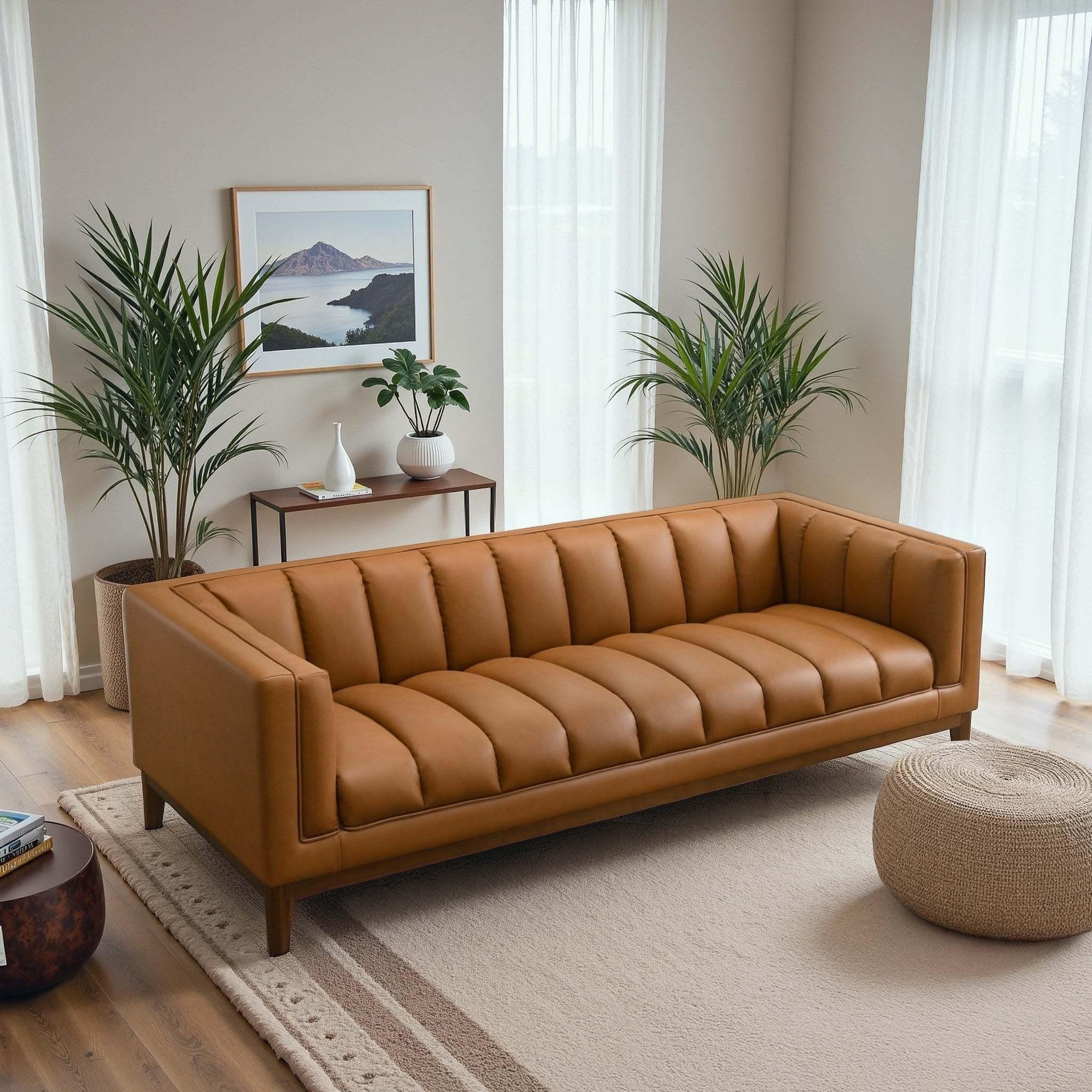 Modern Vegan Leather Mid-Century Cognac Sofa.