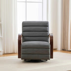 Modern Upholstered 360° Swivel Accent Chair with Solid Wood Armrests, Comfy Channel Tufted Lounge Reading Chair, Gray PU, 30.3'W.