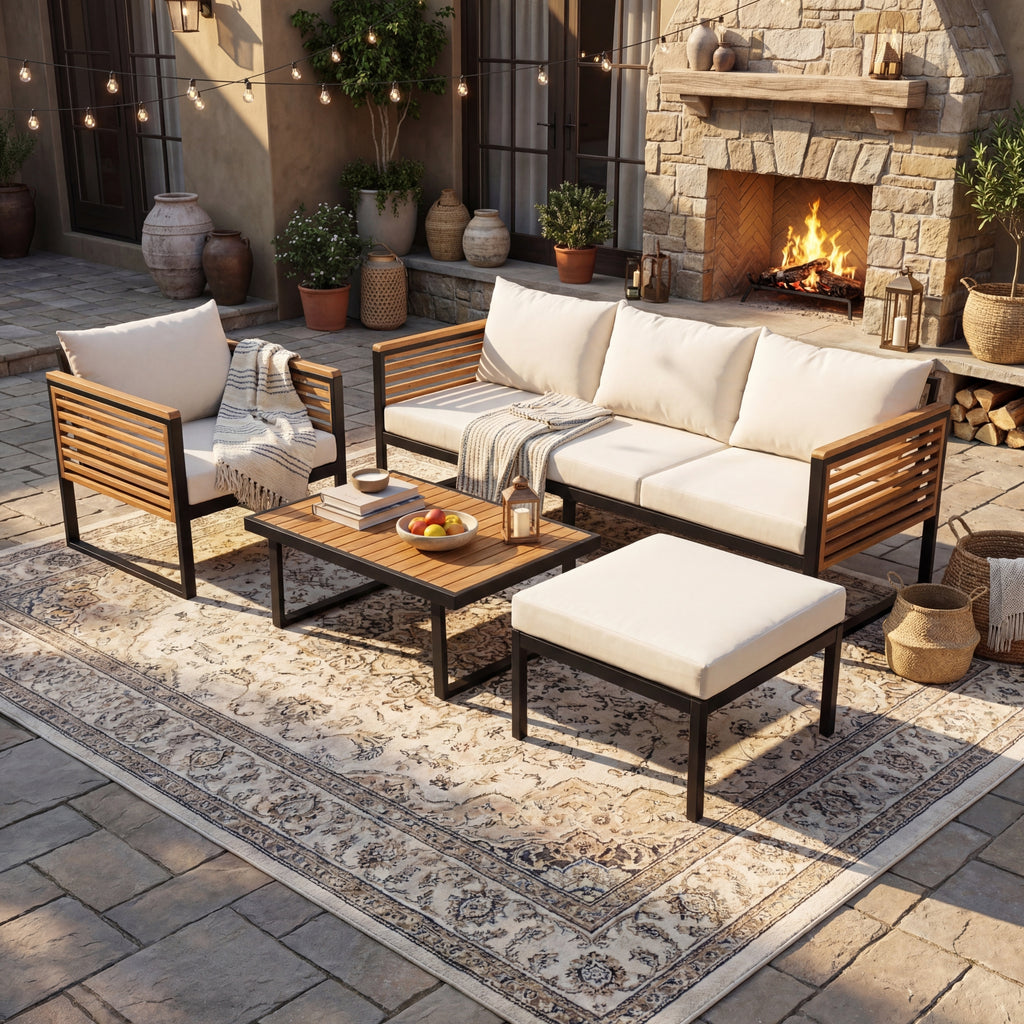4-Piece Outdoor Acacia Wood and Metal Patio Sofa Set in Beige