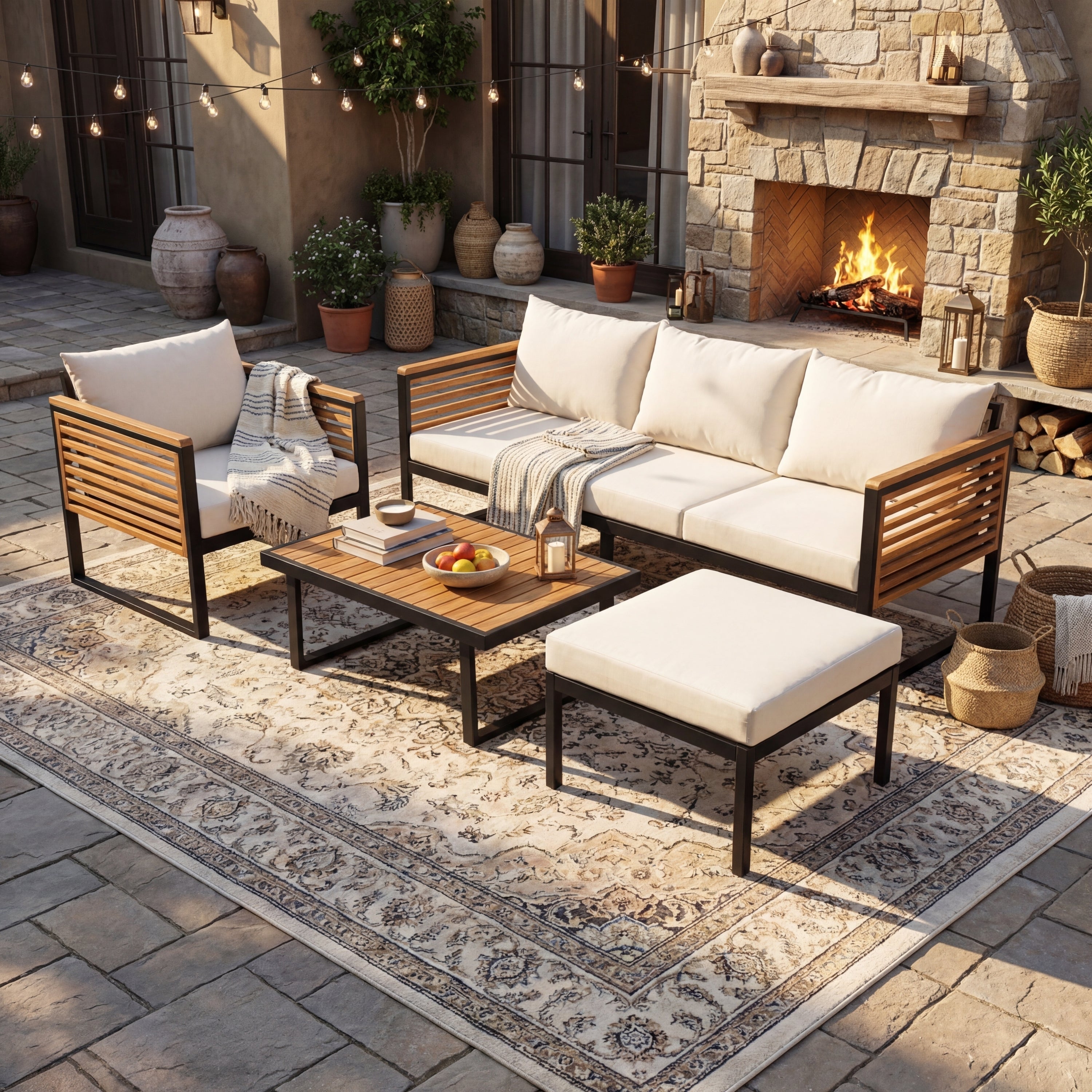 4-Piece Outdoor Acacia Wood and Metal Patio Sofa Set in Beige