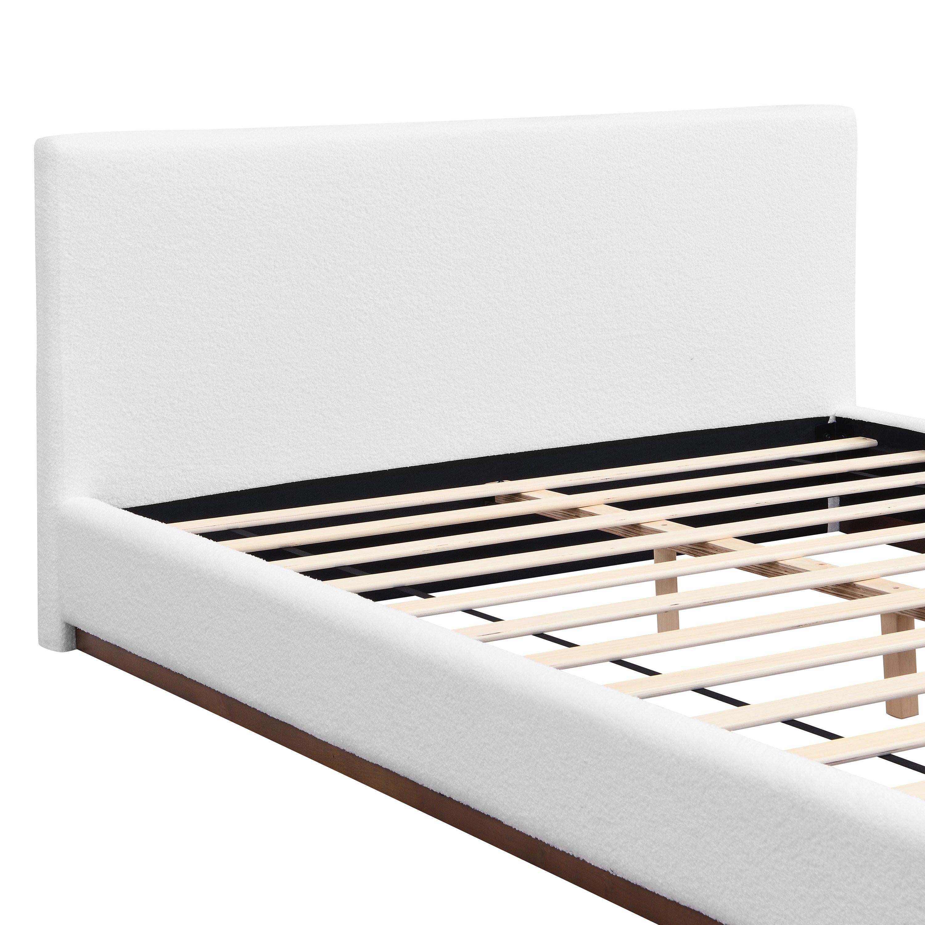 White Boucle Upholstered Bed - Queen Size with Solid Wood Frame.