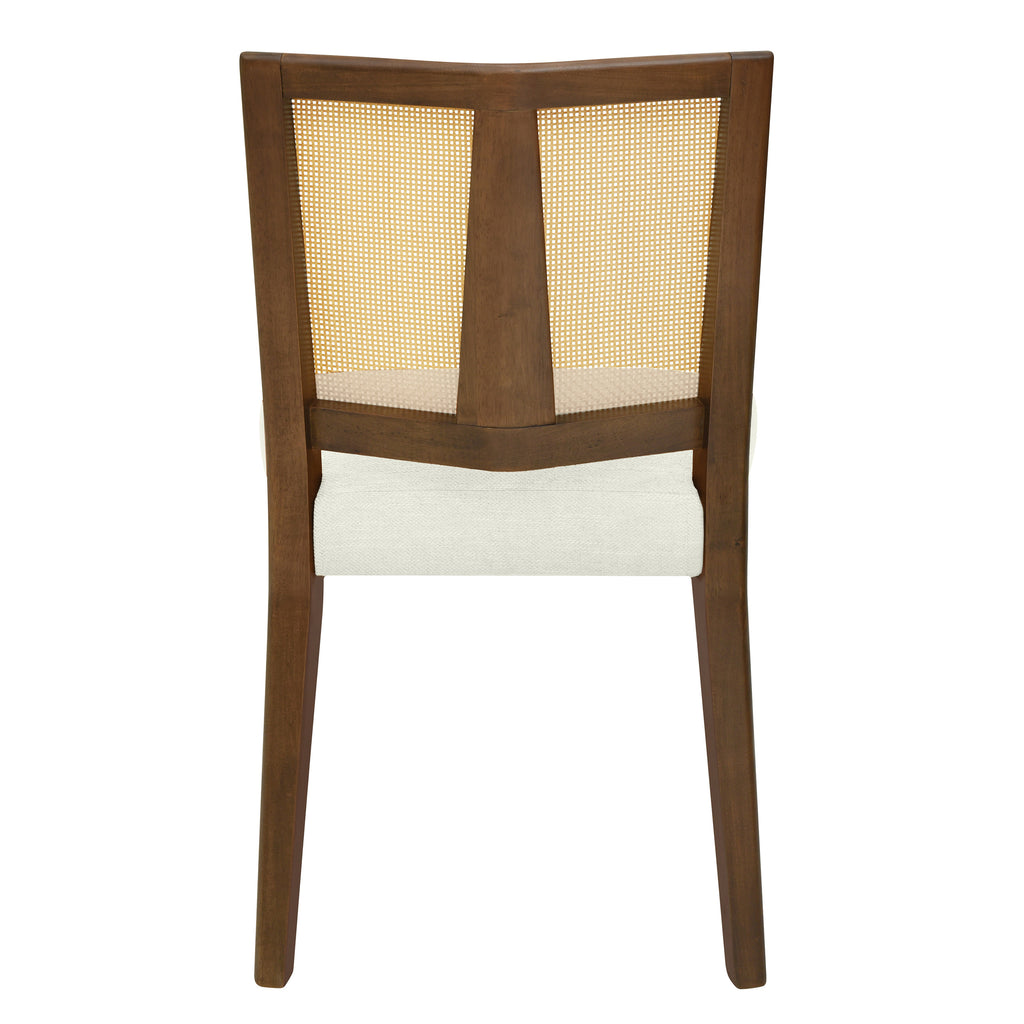Back view of mid-century dining chair highlighting the dual-panel rattan backrest and sturdy wooden frame.