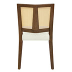 Back view of mid-century dining chair highlighting the dual-panel rattan backrest and sturdy wooden frame.