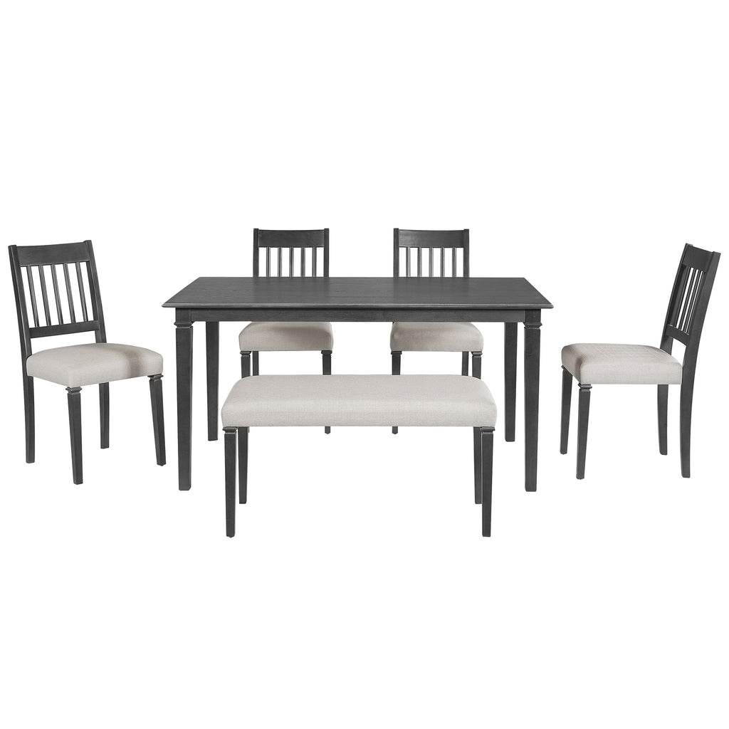 Front-facing view of 6-piece retro dining set with cushioned chairs and bench, offering a cozy and elegant dining solution for families.