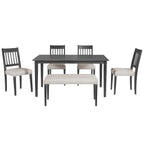 Front-facing view of 6-piece retro dining set with cushioned chairs and bench, offering a cozy and elegant dining solution for families.