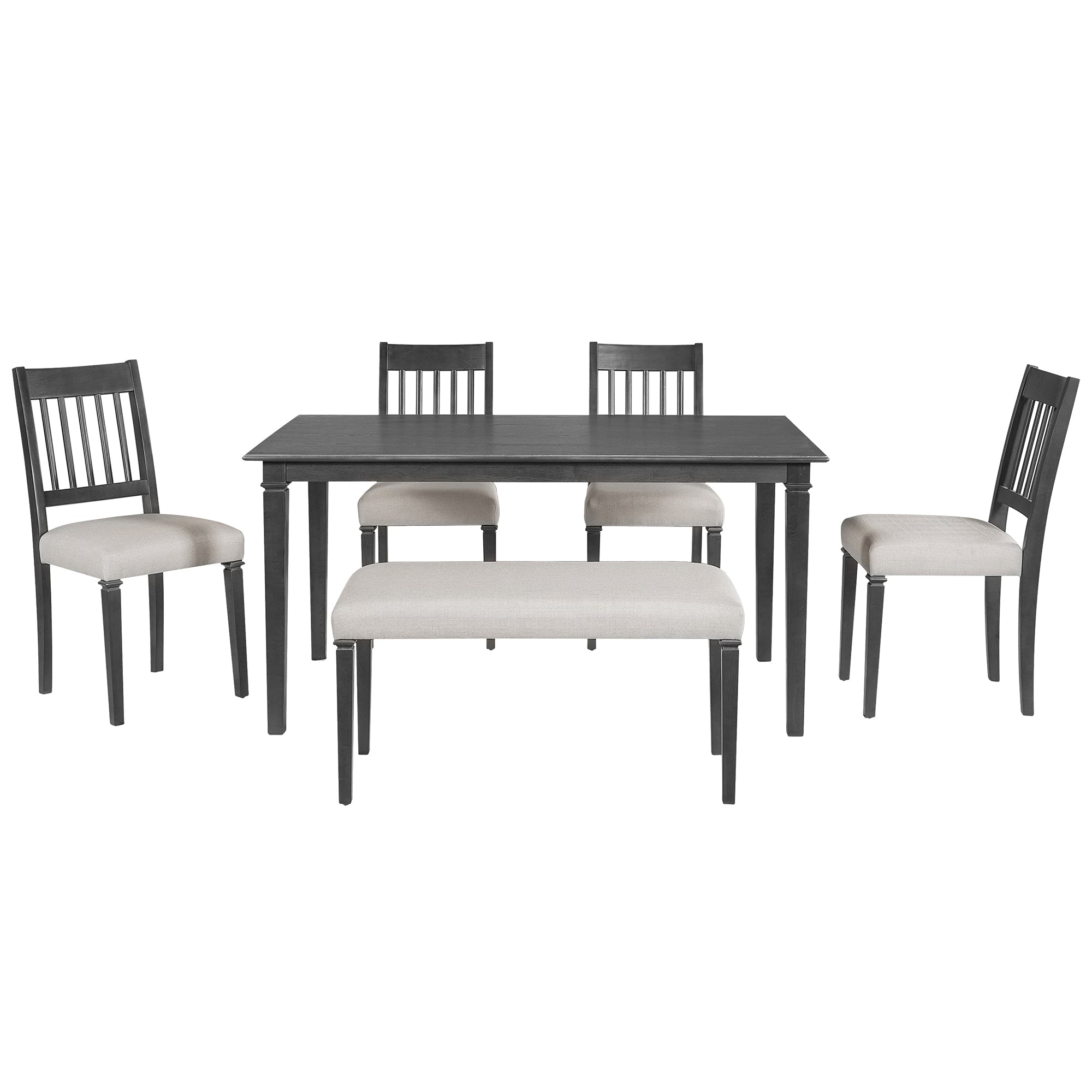 Front-facing view of 6-piece retro dining set with cushioned chairs and bench, offering a cozy and elegant dining solution for families.