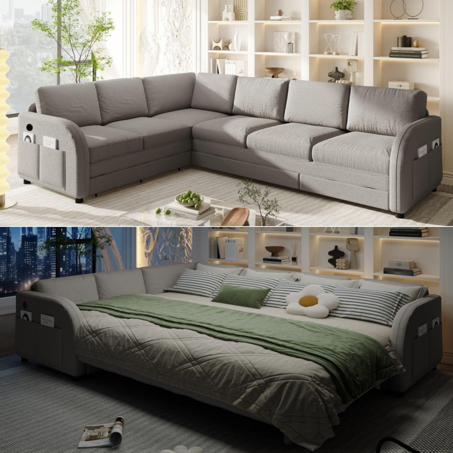 L-Shaped Sofa with Pull-Out Bed and USB Port.
