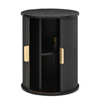[Assembly Video] Mid-Century Coffee Table Set with Sliding Tambour Door, Round Fluted End Table With Storage, Golden Handle Tall & Low Side Table with Wooden Finish for Living Room, Set of Two, Black.