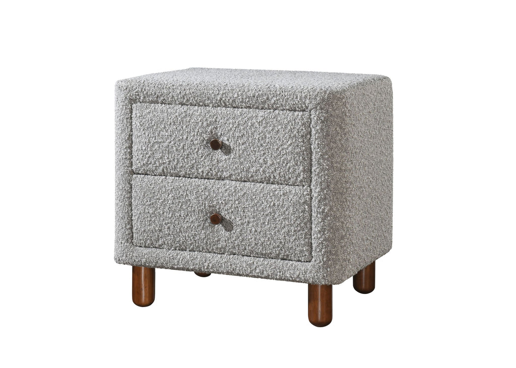 Cleo Gray Boucle Nightstand with two closed drawers and rounded wooden legs. Contemporary bedroom furniture with soft boucle finish.