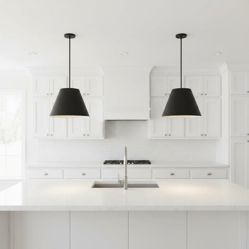 16 inch LED black pendant light hanging over a white kitchen island. Energy-smart ceiling fixture ideal for modern home interiors.